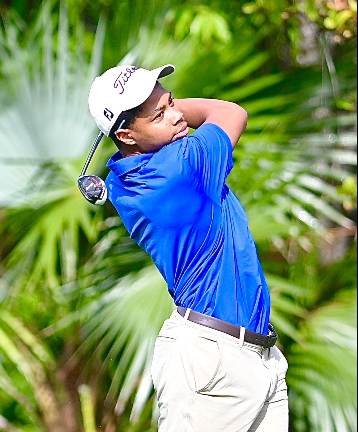 UB&rsquo;s golfer Darrius Thompson, swings during his round at the 2nd Annual University of The Bahamas Golf Invitational powered by Fidelity Bank on Sunday, July 5 at Royal Blu Golf Course at Baha Mar Resort. UB ATHLETICS