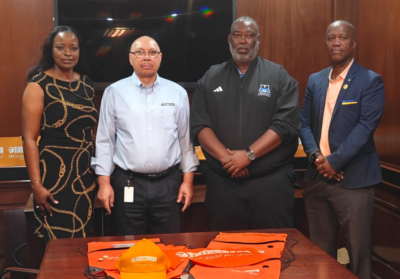 Fidelity Bank (Bahamas) stepped up as title sponsor for the 2nd Annual UB Mingoes Golf Invitational. Pictured at the announcement: UB Athletics Director Kimberley Rolle; President, Fidelity Bank (Bahamas) Greg Bethel; UB Men and Women Golf Head Coach Fred Taylor; and UB Athletics Deputy Director, Sean Bastian. (UB ATHLETICS)