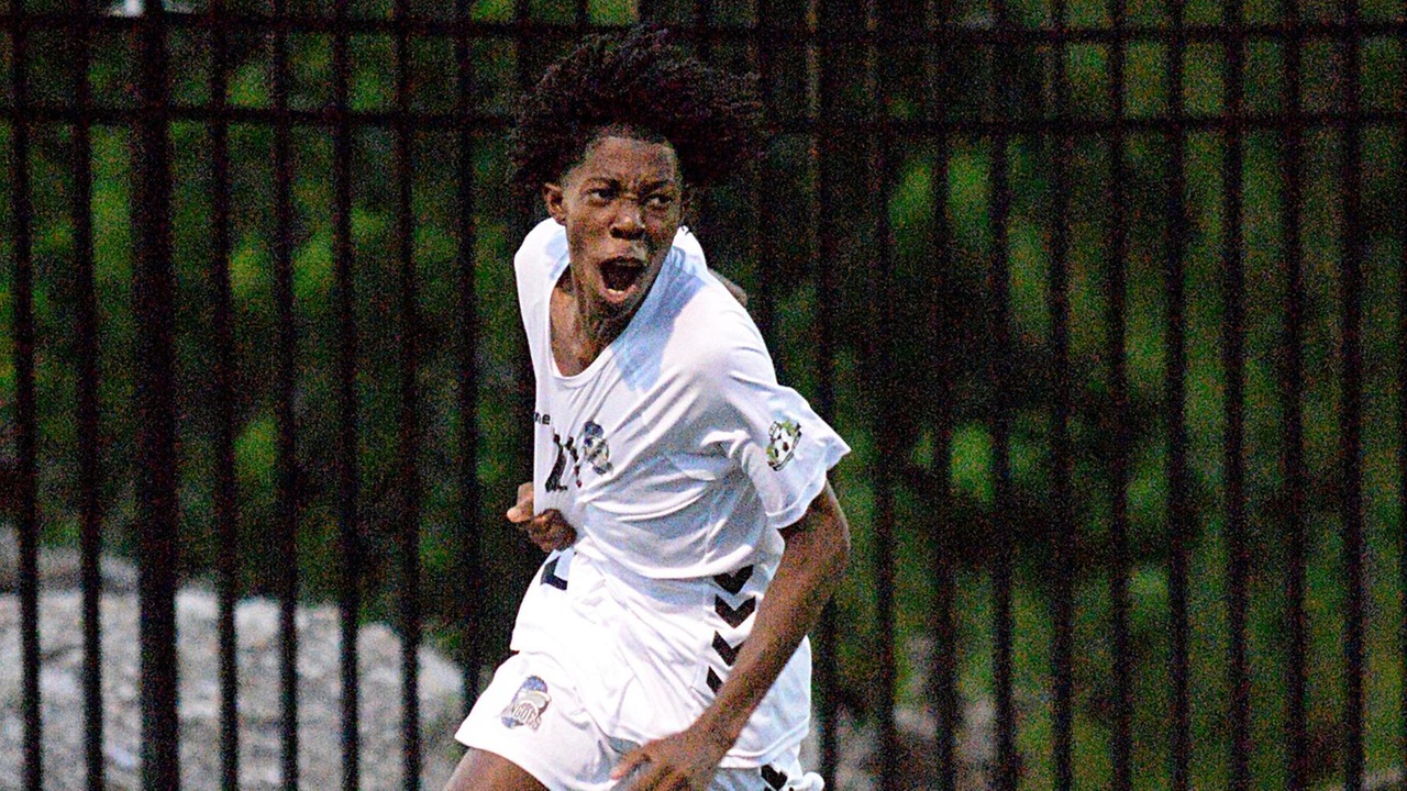University of The Bahamas forward Ricardo Walkes celebrates scoring his first goal as a UB Mingoe in the match against Baha Juniors FC October 9, 2022 at The Roscow R.L. Davies Field. Walkes scored his first goal in the 89th minutes enroute to The Mingoes winning 3-0.