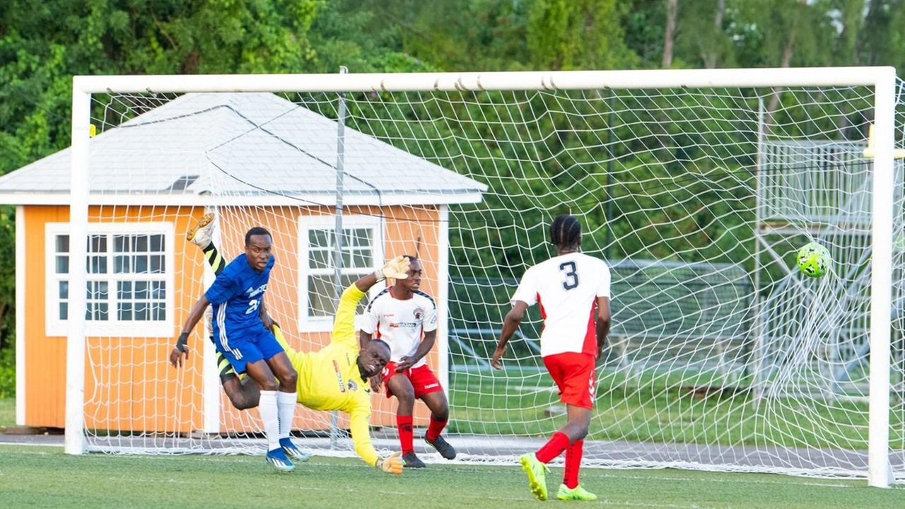 The University of the Bahamas midfielder Sidney Decius finds the back of the net against Western Gladiators during their match in the BFA's Bahamas Men's Soccer League. UB won 4-1.