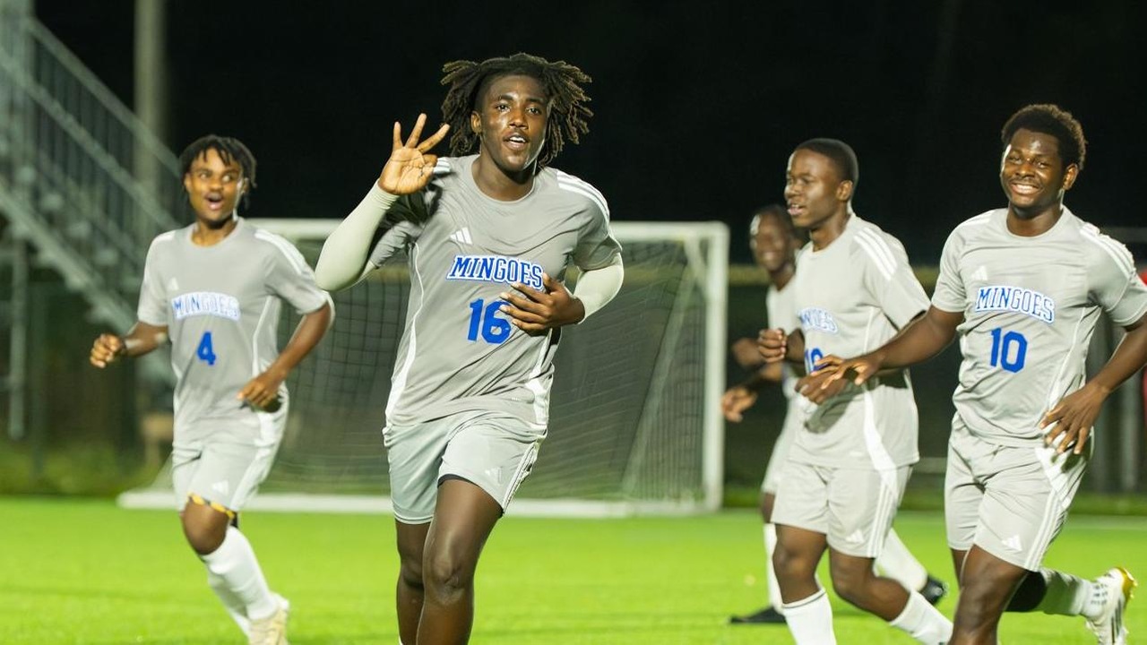 The University of The Bahamas forward Kevin Thomas (Gray 16) celebrates his hat-trick during his match against Cavalier F.C. Sunday, November 16 at the Roscow A.L. Davies Soccer Fields. UB won 11-0. UB ATHLETICS.