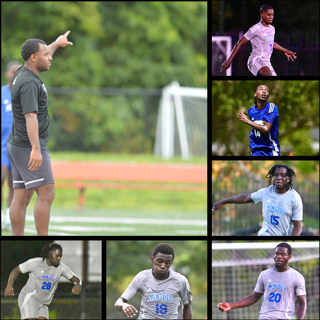 Coach Andre Roberts (top left); Nahum Johnson (top right); Joshua Johnson (second right); Junior Kelly (third right); Jamario Charles (bottom right); Keno Thomas (second left); and Lamond Cross (left).