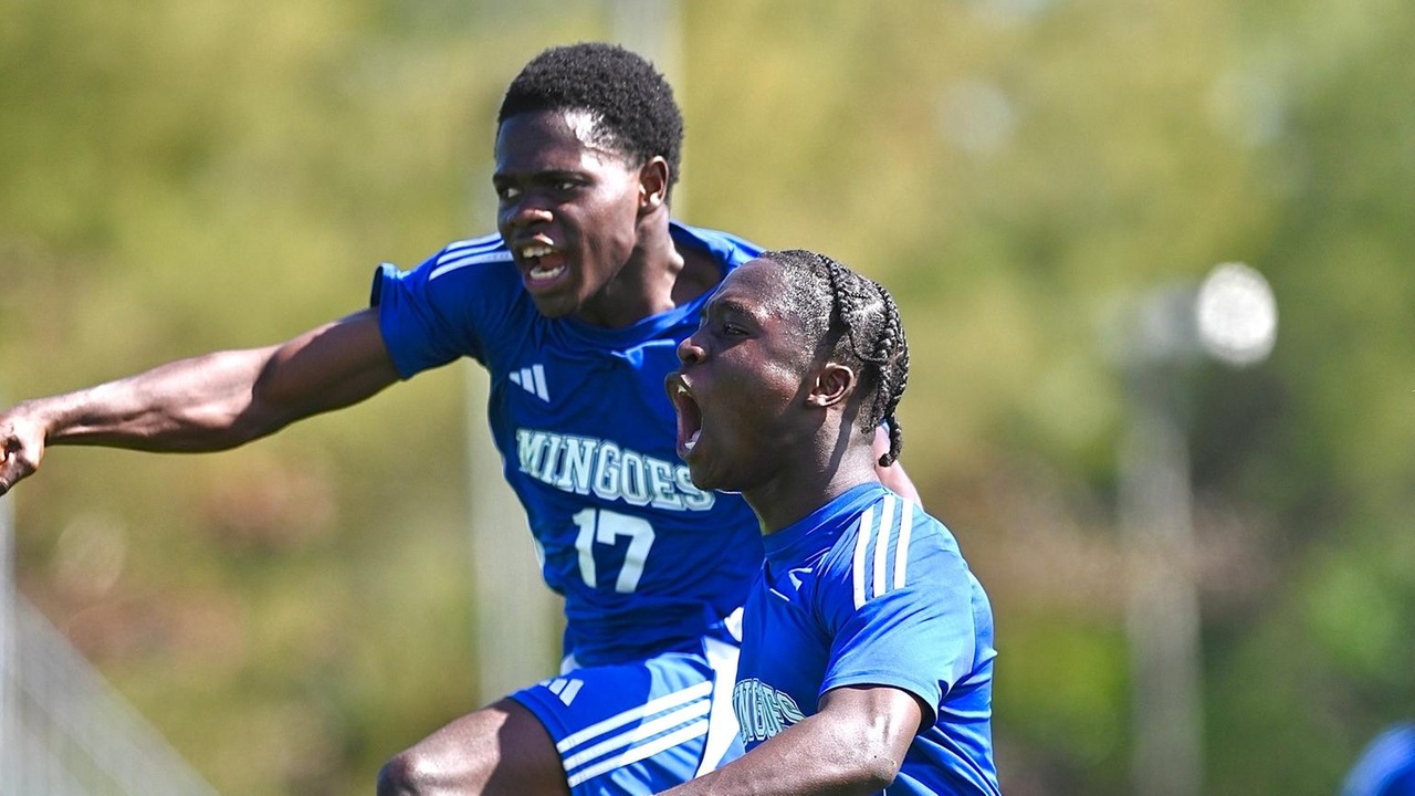 The University of The Bahamas Mingoes men&rsquo;s soccer team celebrates their first goal of the match against California Intercontinental University Falcons on Friday, February 13 at the Roscow A.L. Davies Soccer Fields. UB won 3-0. UB Athletics.