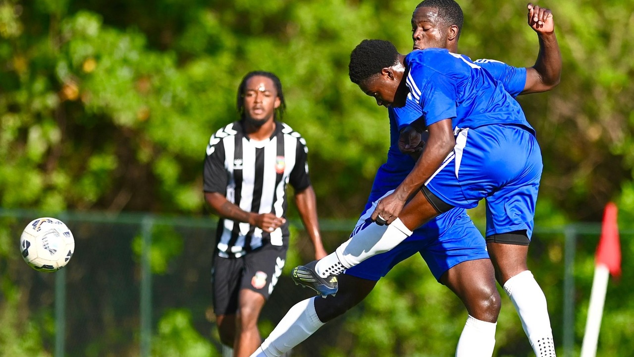 The University of The Bahamas winger Clerdjevinsky Clerjuste shoots and scores a goal during his match against Cavalier F.C. Sunday, November 23 at the Roscow A.L. Davies Soccer Fields. UB won 6-0. UB ATHLETICS.