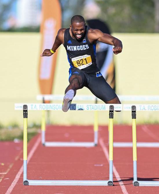 Dennis Williamson jumps over the final hurdle in the open men's 400m hurdles at the Star Performers Track and Field Meet Saturday, February 1 at the Thomas A Robinson Track and Field Stadium. He ran 54.46 seconds. (UB Athletics).