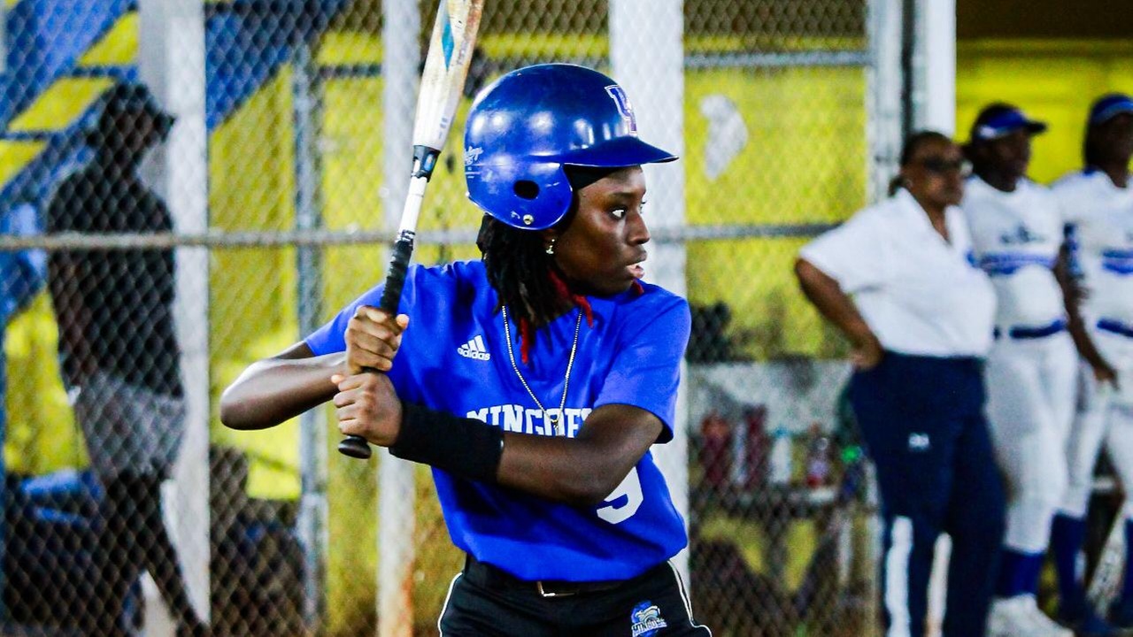 First baseman Sydney Charles waits on a pitch against the Johnson Lady Truckers in the New Providence Softball Association action at the Banker&rsquo;s Softball Field. The Mingles lost 7-5.