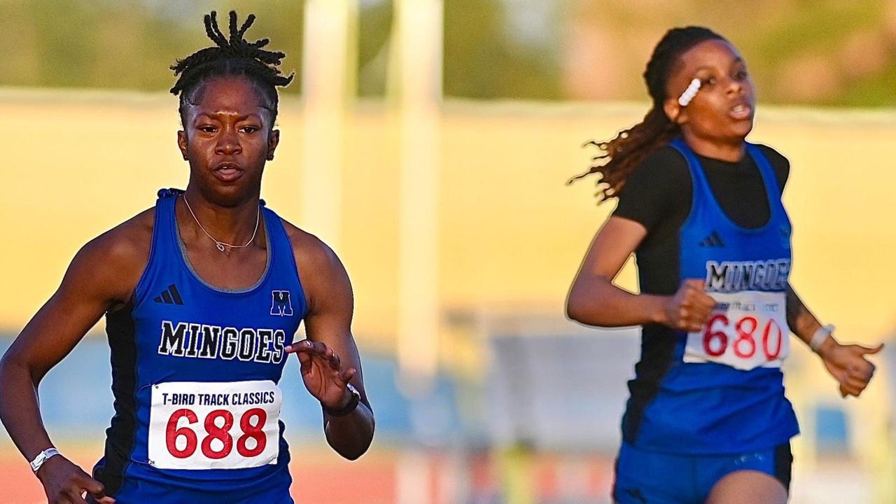 The University of The Bahamas women&rsquo;s track and field sprinters Marquell Newbold (#688) and Tianna Bootle (#680) competes in the open women&rsquo;s 200-meter race at the T-Bird Flyers Track and Field Classic on Saturday, January 10 at the Thomas A. Robinson Track and Field Stadium. UB Athletics.
