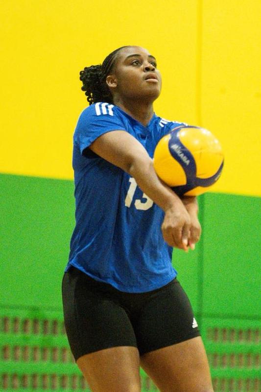 The University of The Bahamas women&rsquo;s volleyball team middle blocker Patrice Ferguson gets the bump against the Panthers on Monday, February 9 at the D.W. Davis Gymnasium. UB lost 3-1.
